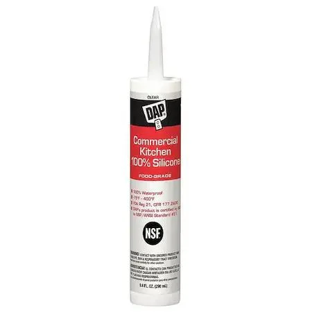 A 10 oz clear silicone sealant cartridge in a standard cylindrical tube with a pointed nozzle tip