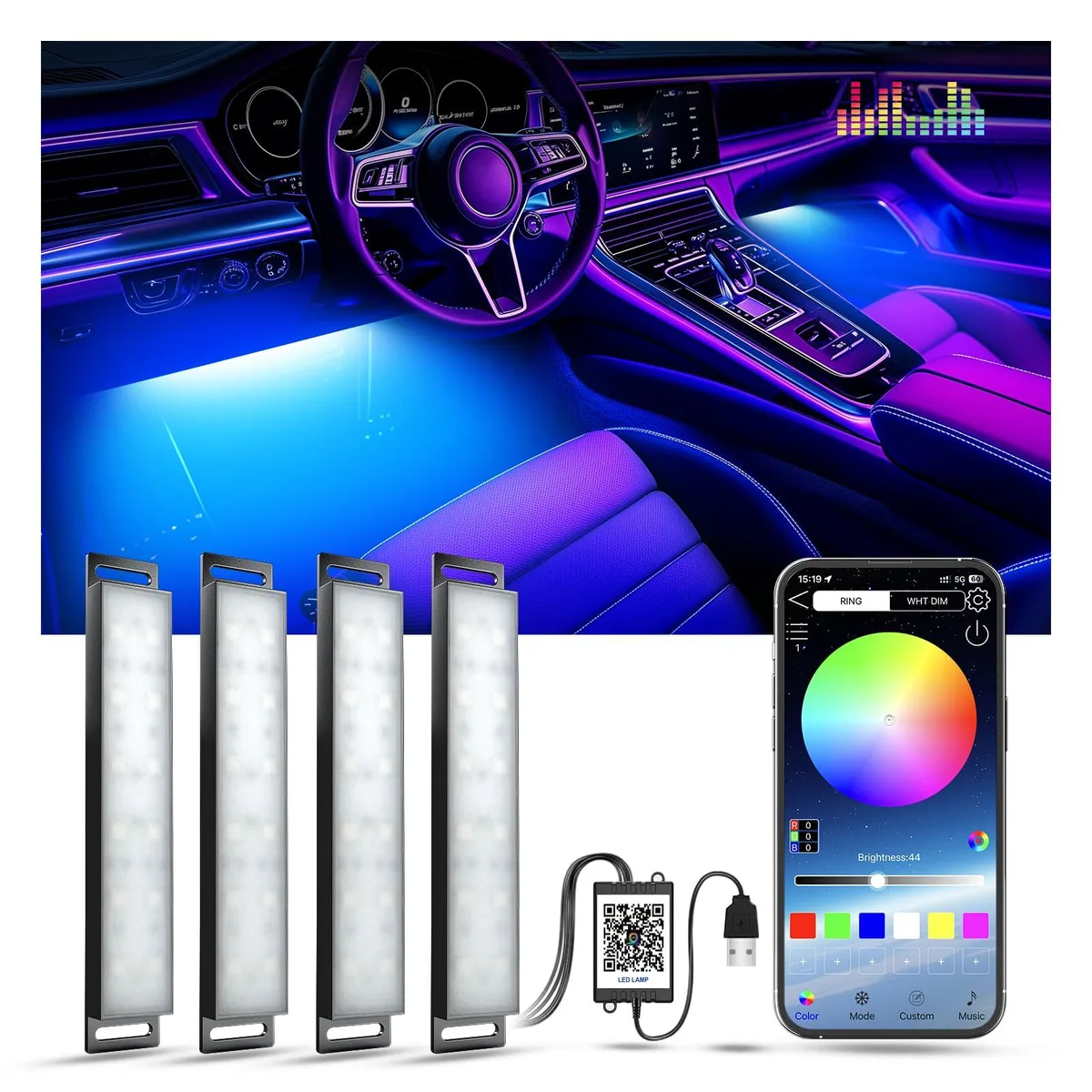  YiLaie LED Car Interior Lights Multicolor APP Music Sync USB 5V 0.331 kg — product photo