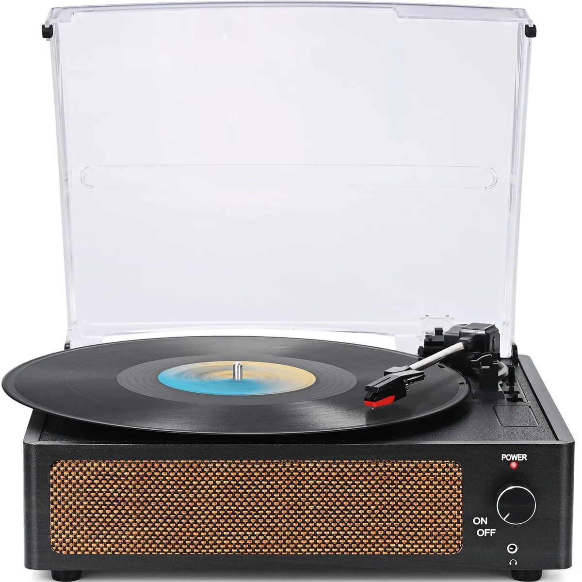 Black vintage-style belt-drive turntable with built-in speakers and removable dust cover