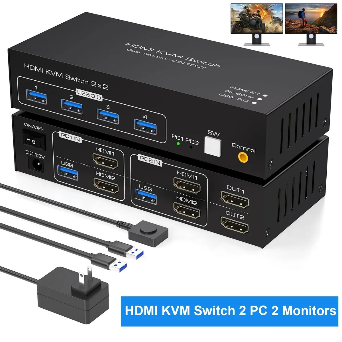 WRIARICH WRIARICH 8K 60Hz 4K 120Hz Dual Monitor KVM Switch 2 Ports 4 USB 3.0 — product photo