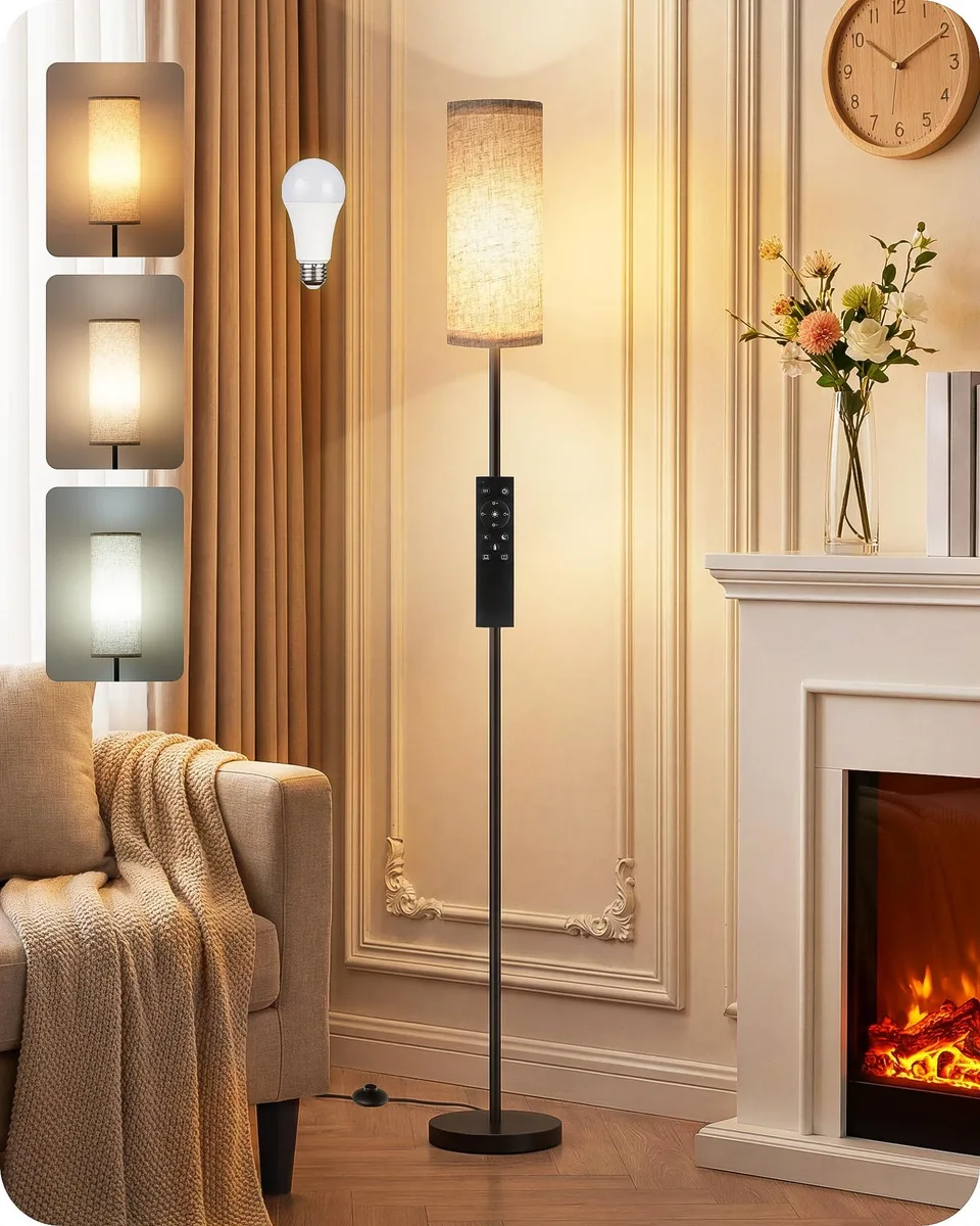 Tall beige floor lamp with painted finish and arc shape