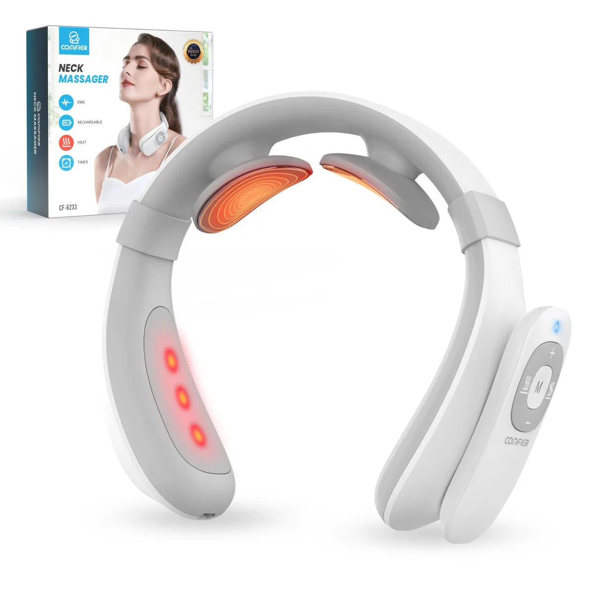 Blue U-shaped neck massager with floating electrode pads and a curved elastic frame