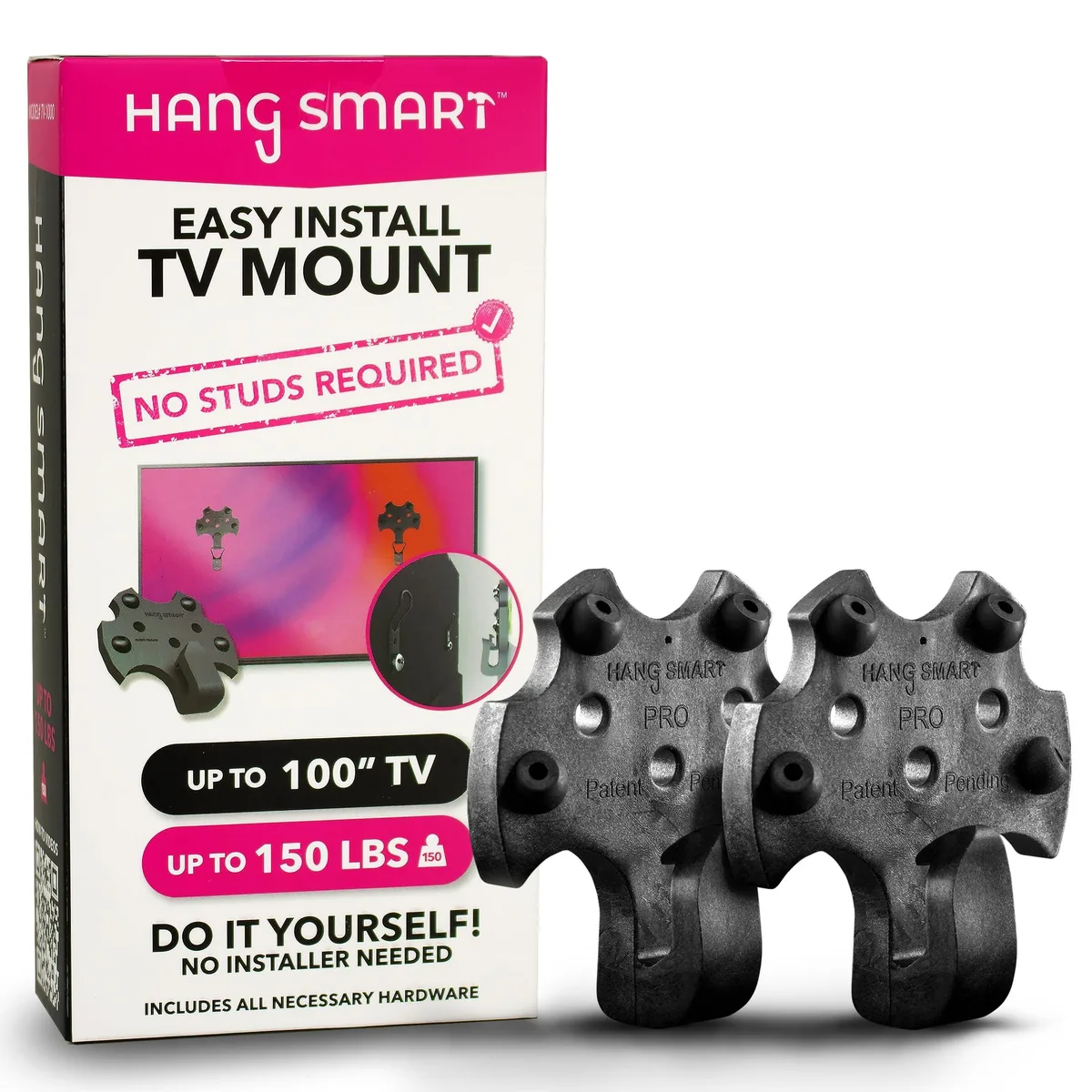 Black low-profile TV wall-mount bracket with included hardware kit
