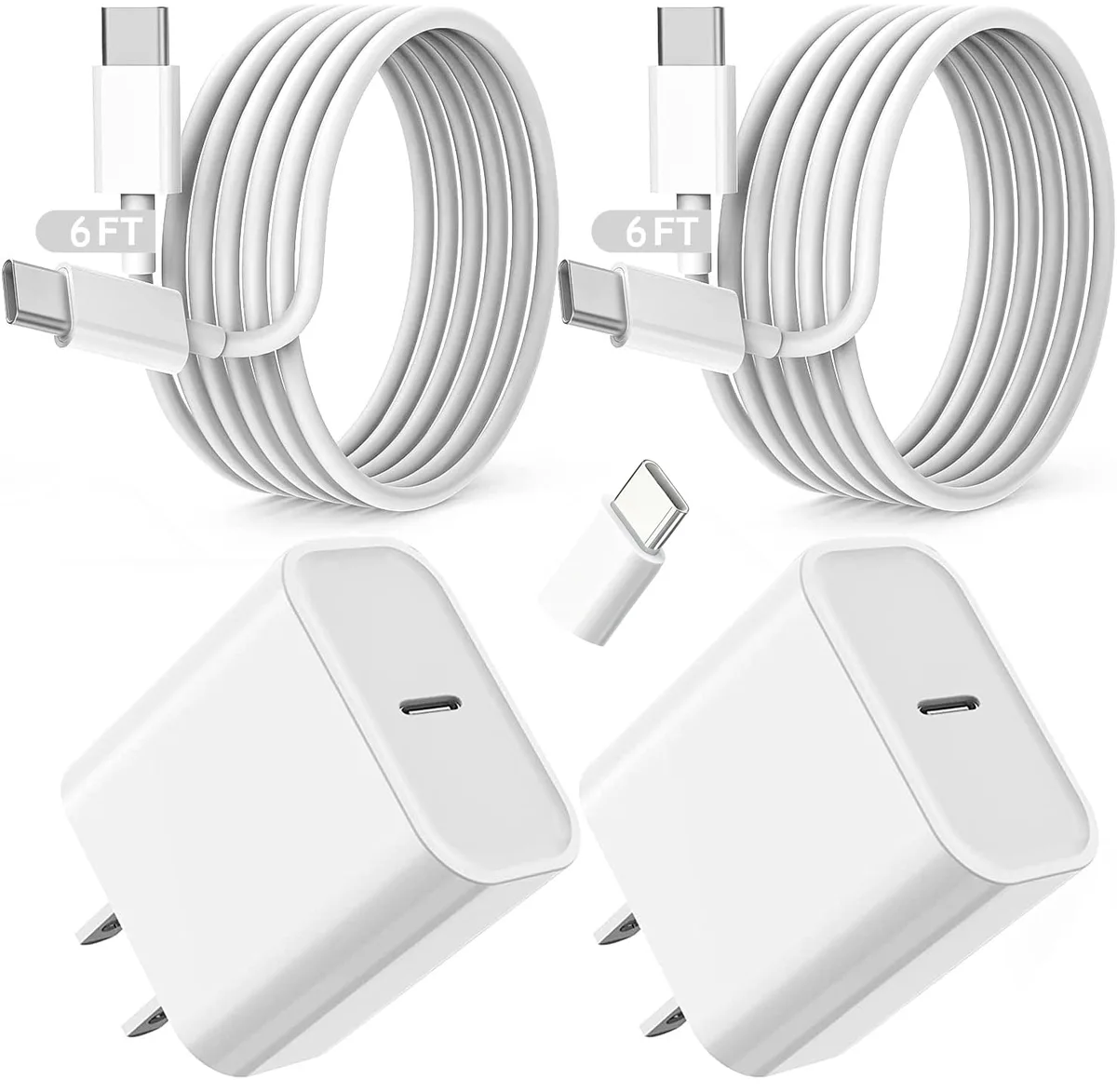 Blue USB-C to USB-C cable, six-foot length, coiled on white background