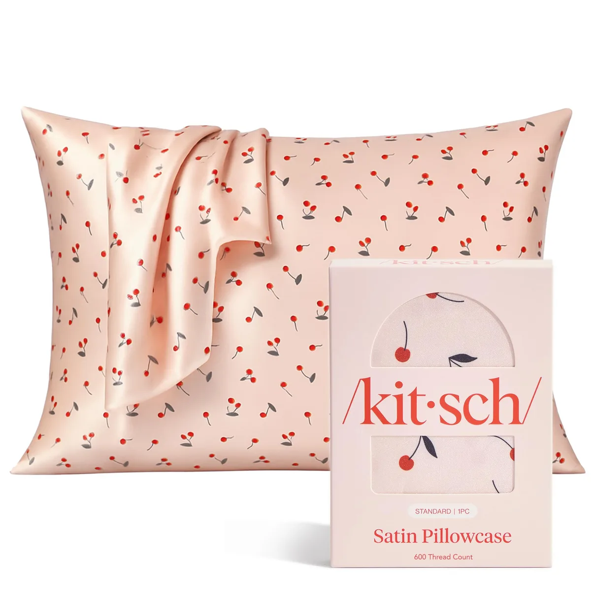 Two cherry-print satin pillowcases with zippers, 19x26 inches, folded together