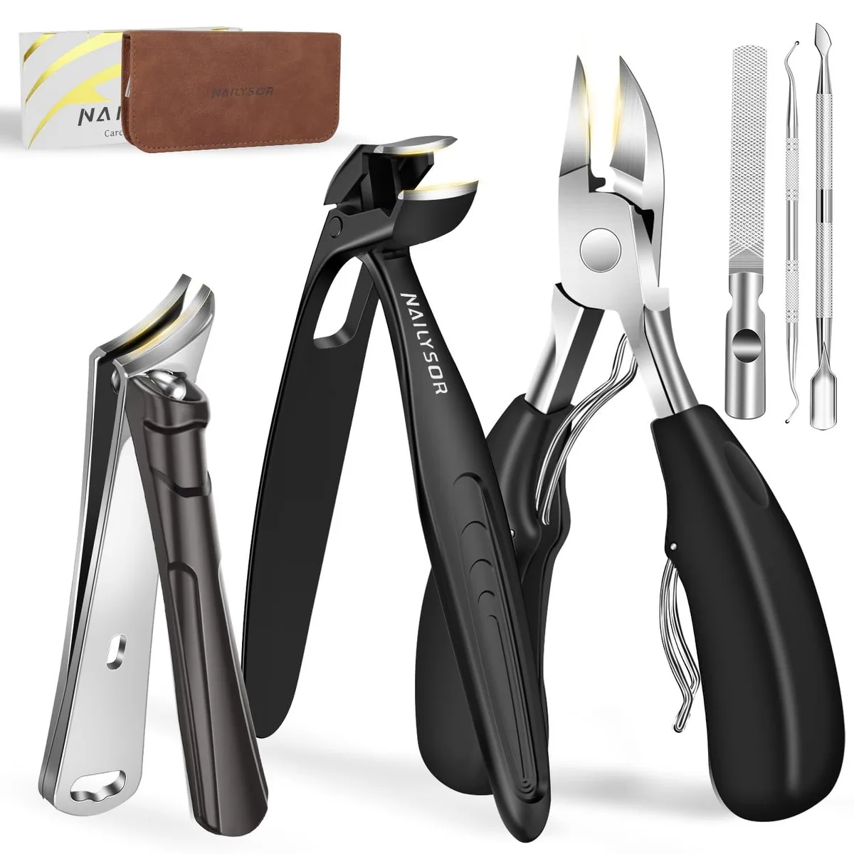 Blue aluminium 7-piece nail clipper set with long handles and catcher