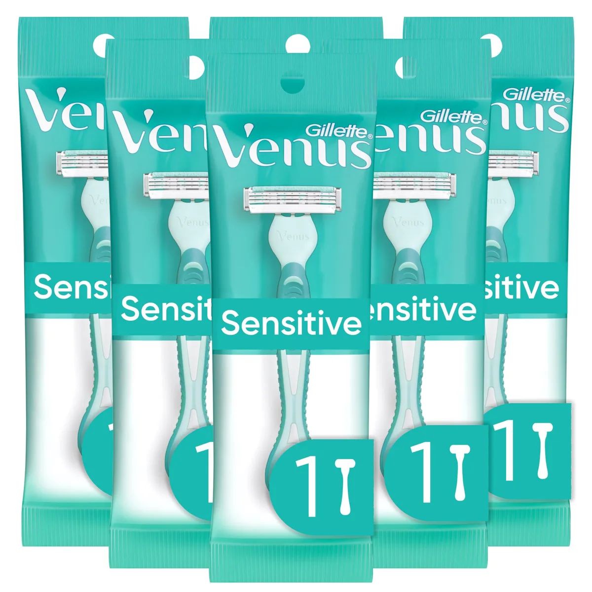 Six green disposable Venus razors with three blades and pivoting heads