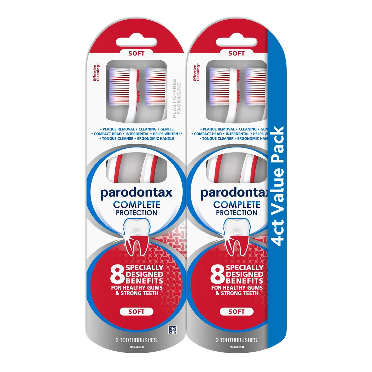 Two packs of two soft manual toothbrushes with compact heads and ergonomic grips