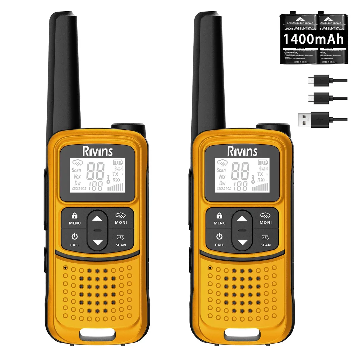 Two orange handheld walkie-talkies with antennas and USB-C charging