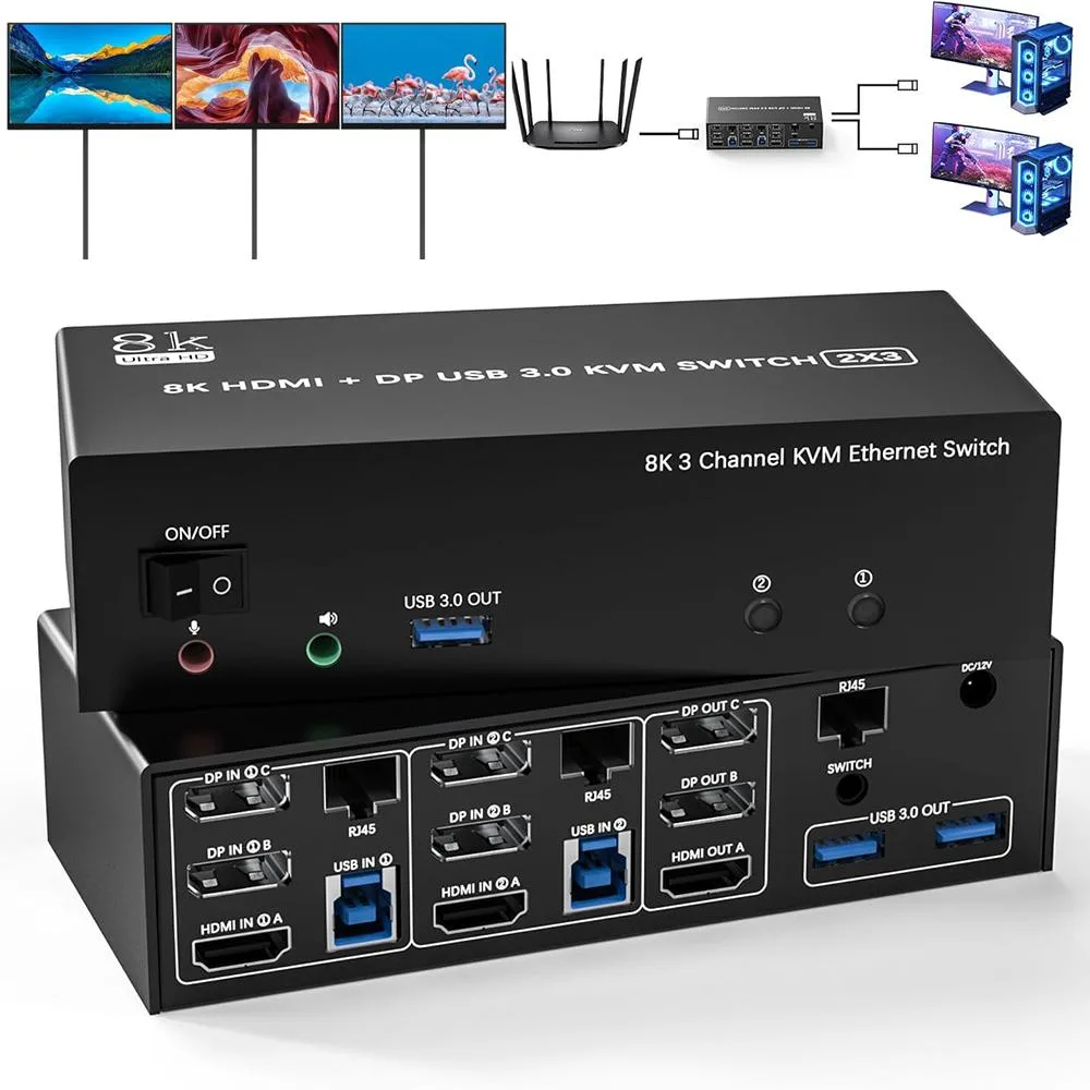 Hitoor Hitoor KVM Switch Triple Monitor 2 Computer 8K@60Hz 1000Mbps Ethernet USB 3.0 Audio — product photo