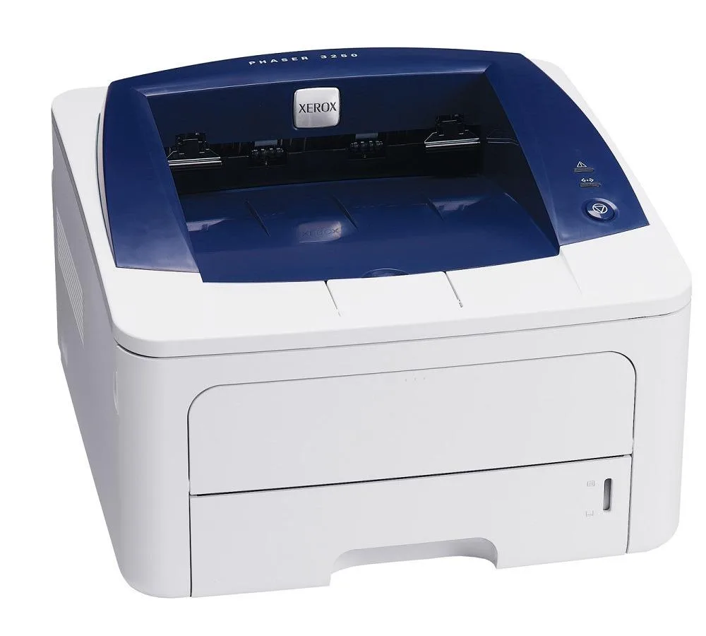 Xerox Phaser 3250N monochrome laser printer, compact boxy shape, light grey and dark grey plastic casing