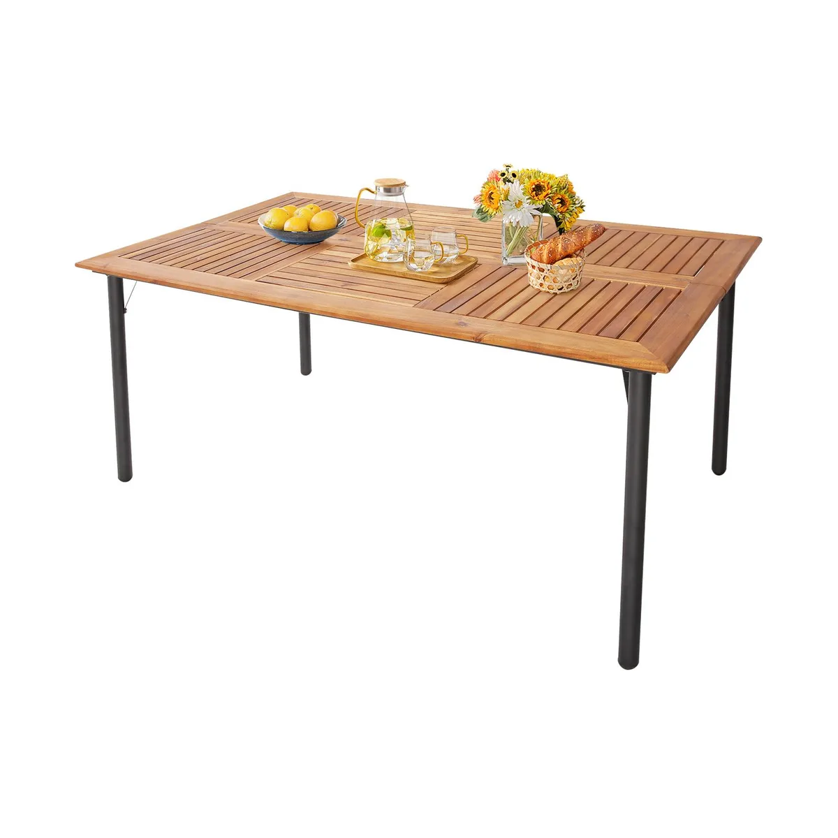 SlickBlue SlickBlue Acacia Wood Dining Table 63" x 36" x 30" Umbrella Hole Metal Legs — product photo