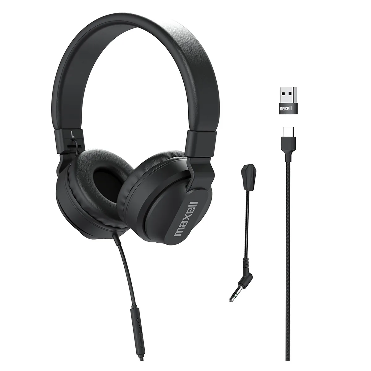 maxell Maxell 197304 headphone USB-C 3.5mm detachable boom mic — product photo