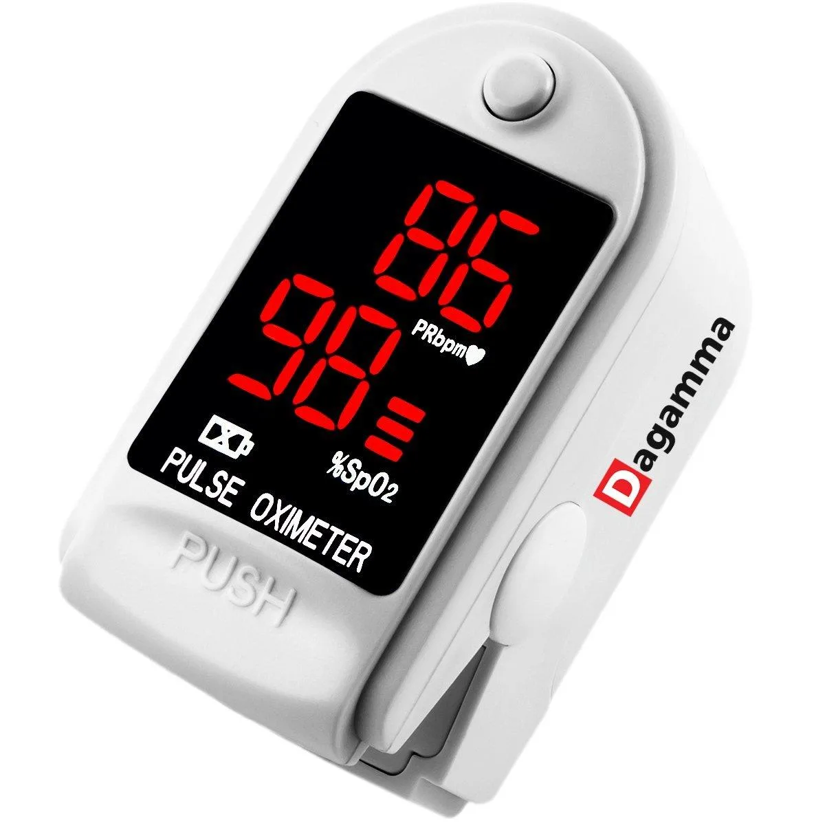 White fingertip pulse oximeter with LED display and single button control
