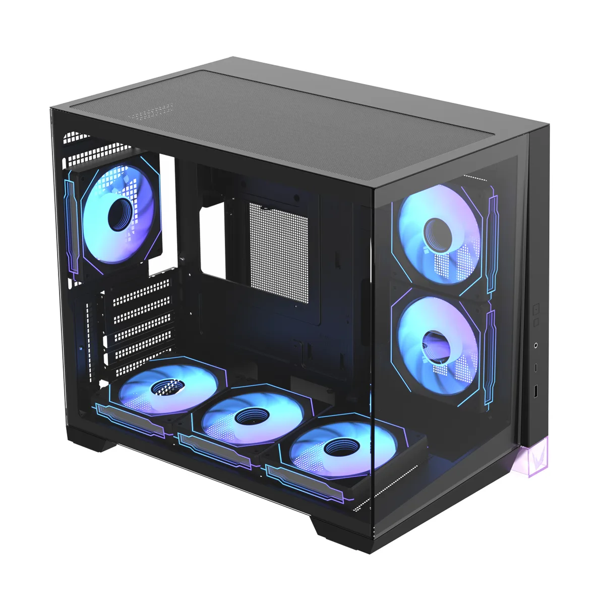 Black micro-ATX mid-tower with geometric front panel, dual tempered-glass sides and six pre-installed ARGB fans