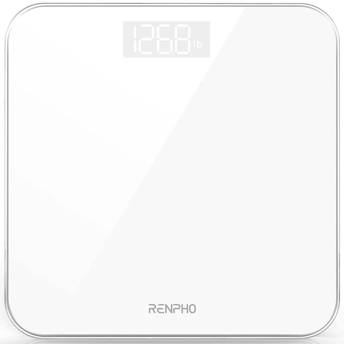 White digital bathroom scale with tempered glass platform and LED display