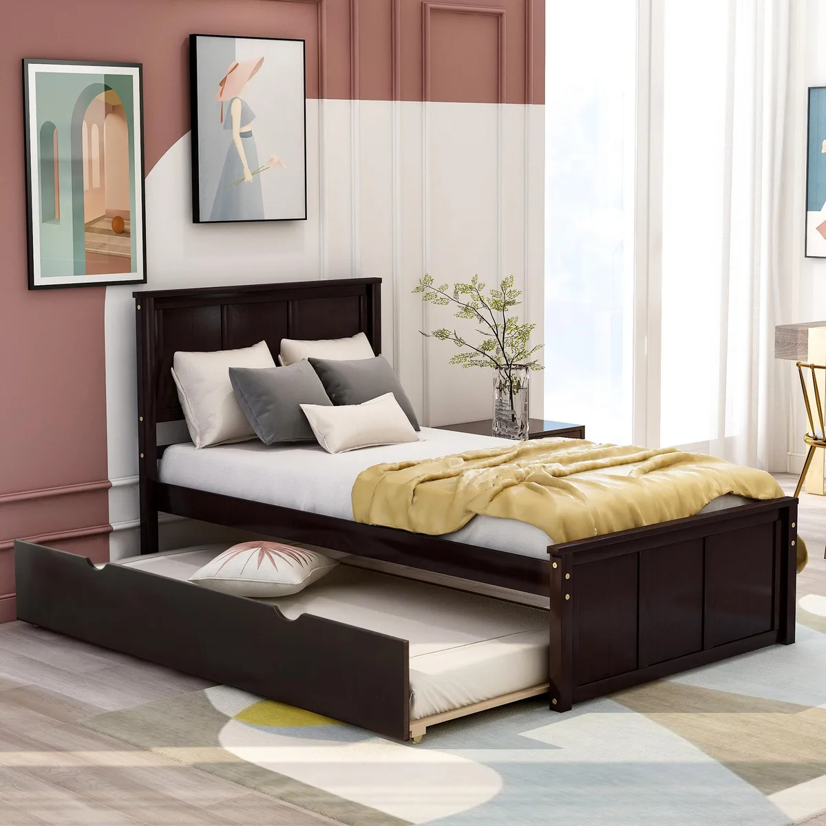Twin platform bed with trundle, espresso pine frame