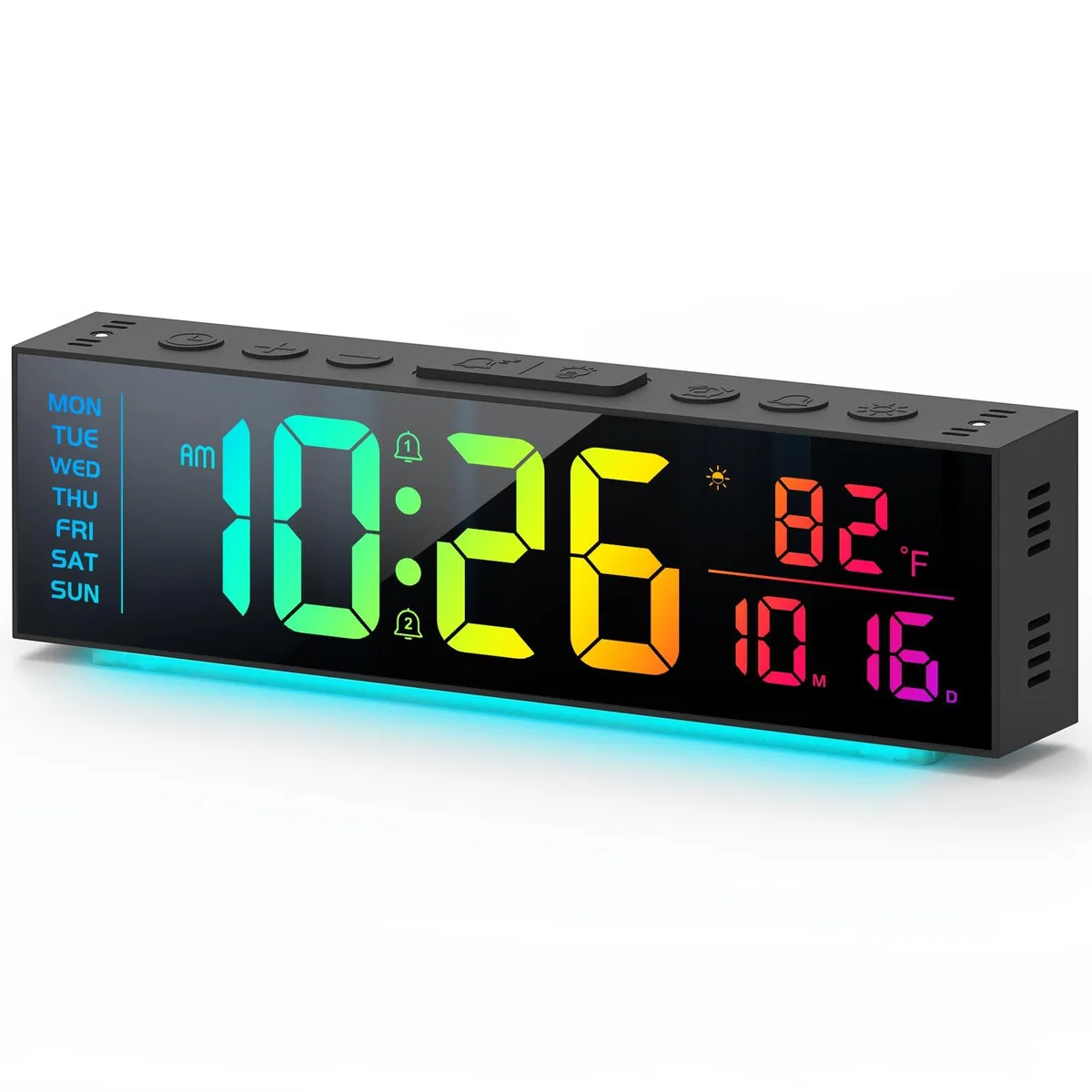 Black rectangular digital clock with large LED digits and illuminated base, 9.2 by 1.5 by 2.6 inches