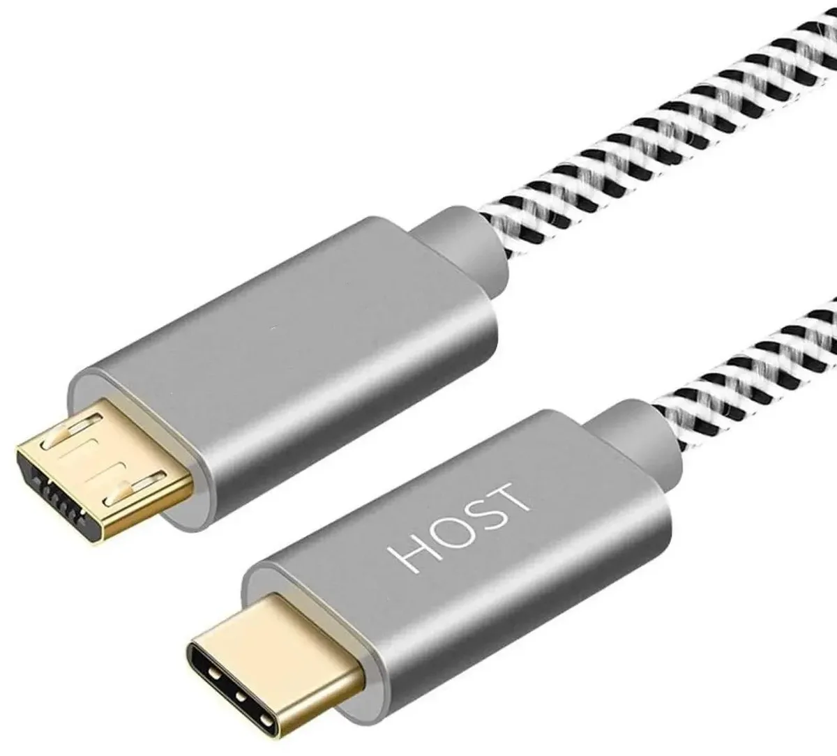 Grey braided Micro USB to USB C cable 6.6ft with gold connectors