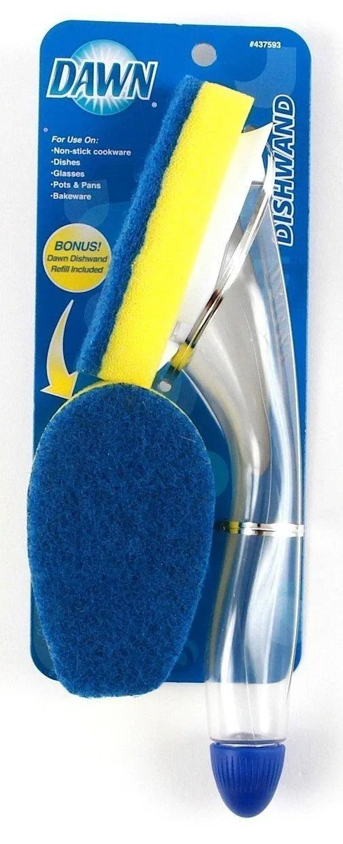 Metra Fillable Scrubber Dishwand with clear soap-dispensing handle and attached sponge head
