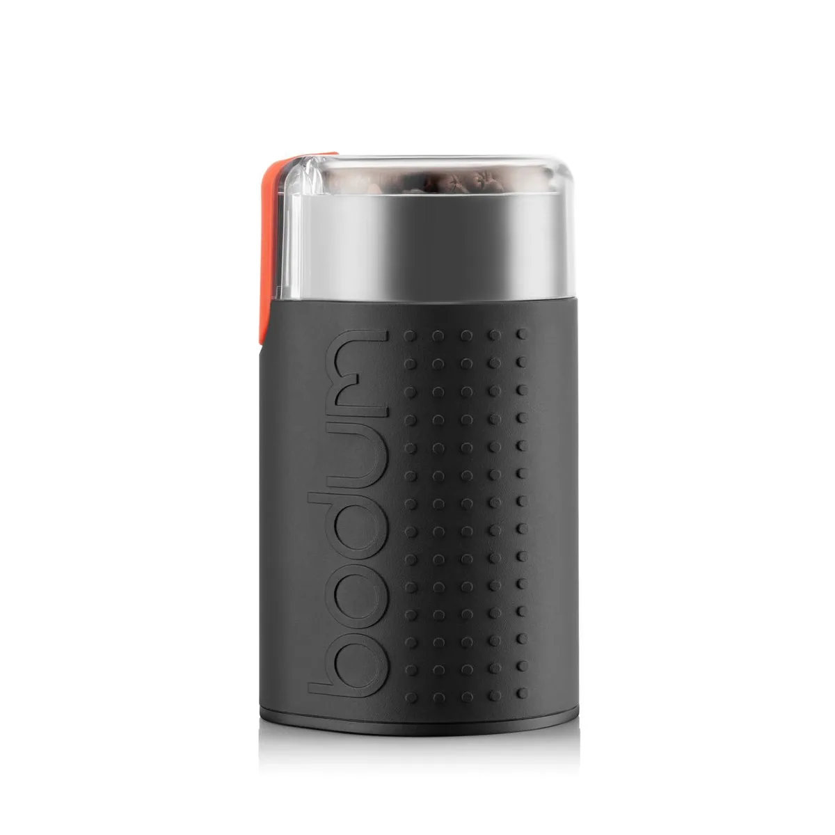 Compact black blade coffee grinder with transparent lid and push-button control