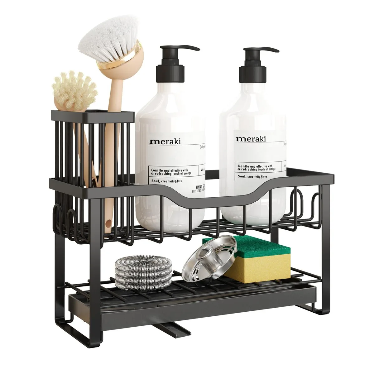 Black two-tier sink caddy with high brush holder, non-slip base and removable drip tray