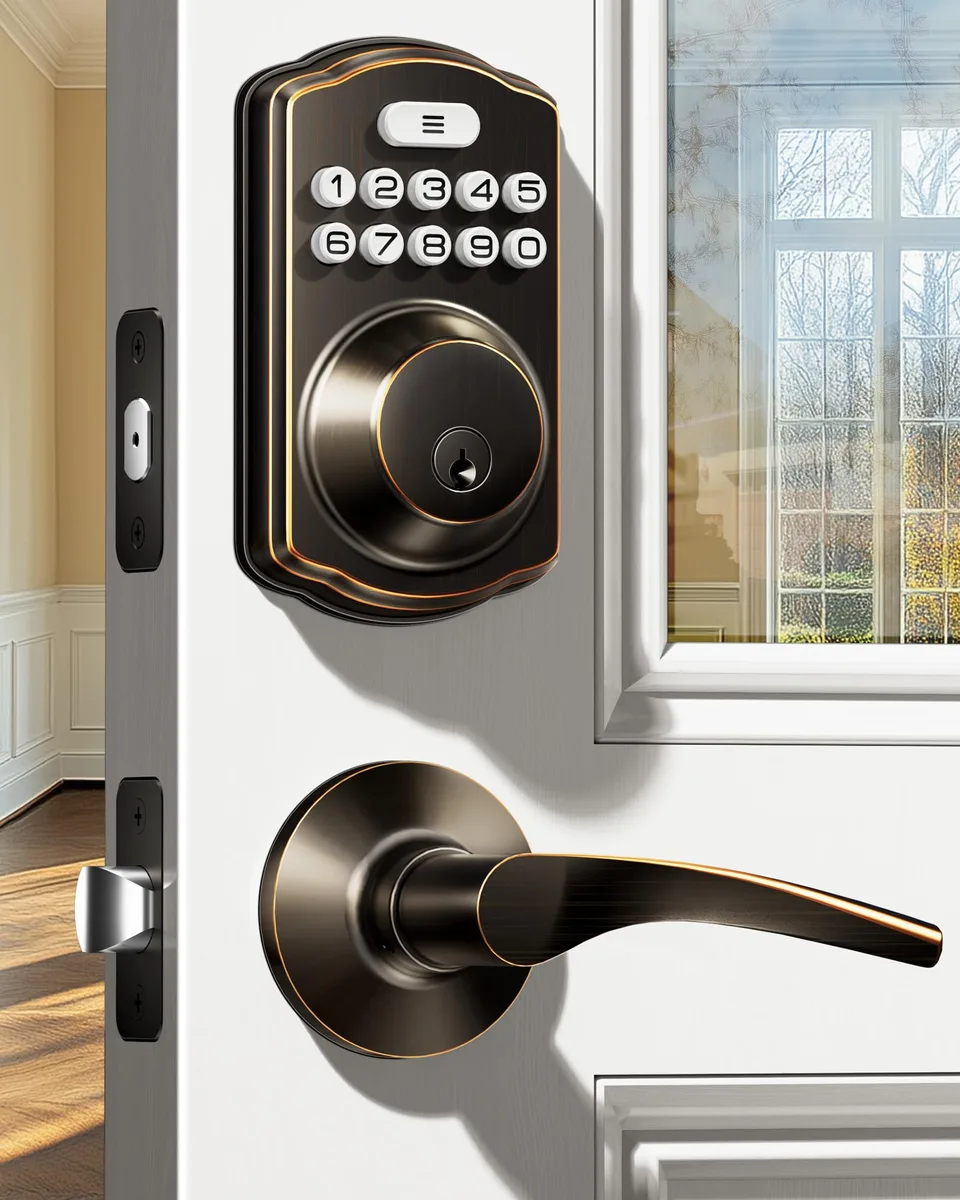 Oil-rubbed bronze electronic deadbolt with two lever handles and backlit keypad