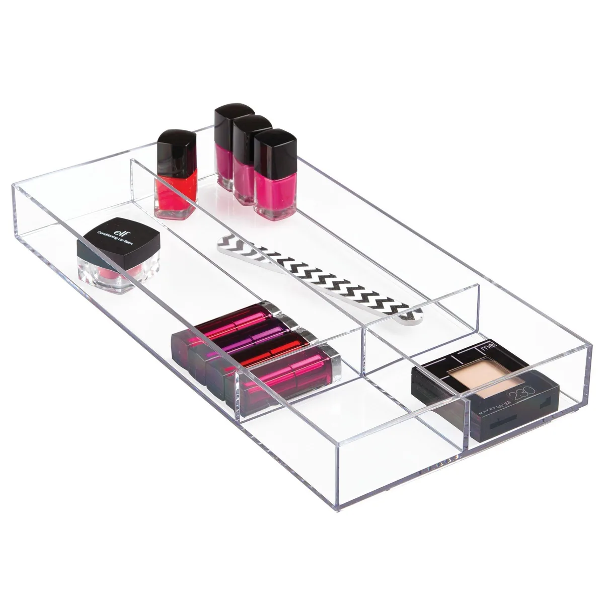 Clear plastic rectangular drawer organiser with divided compartments, 8 by 16 by 2 inches