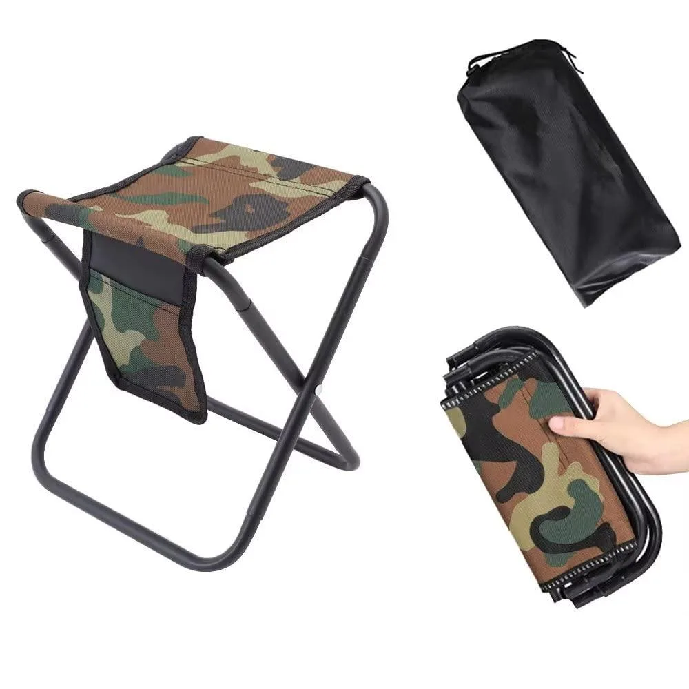Camouflage folding stool, compact steel frame, side pocket, carry bag included
