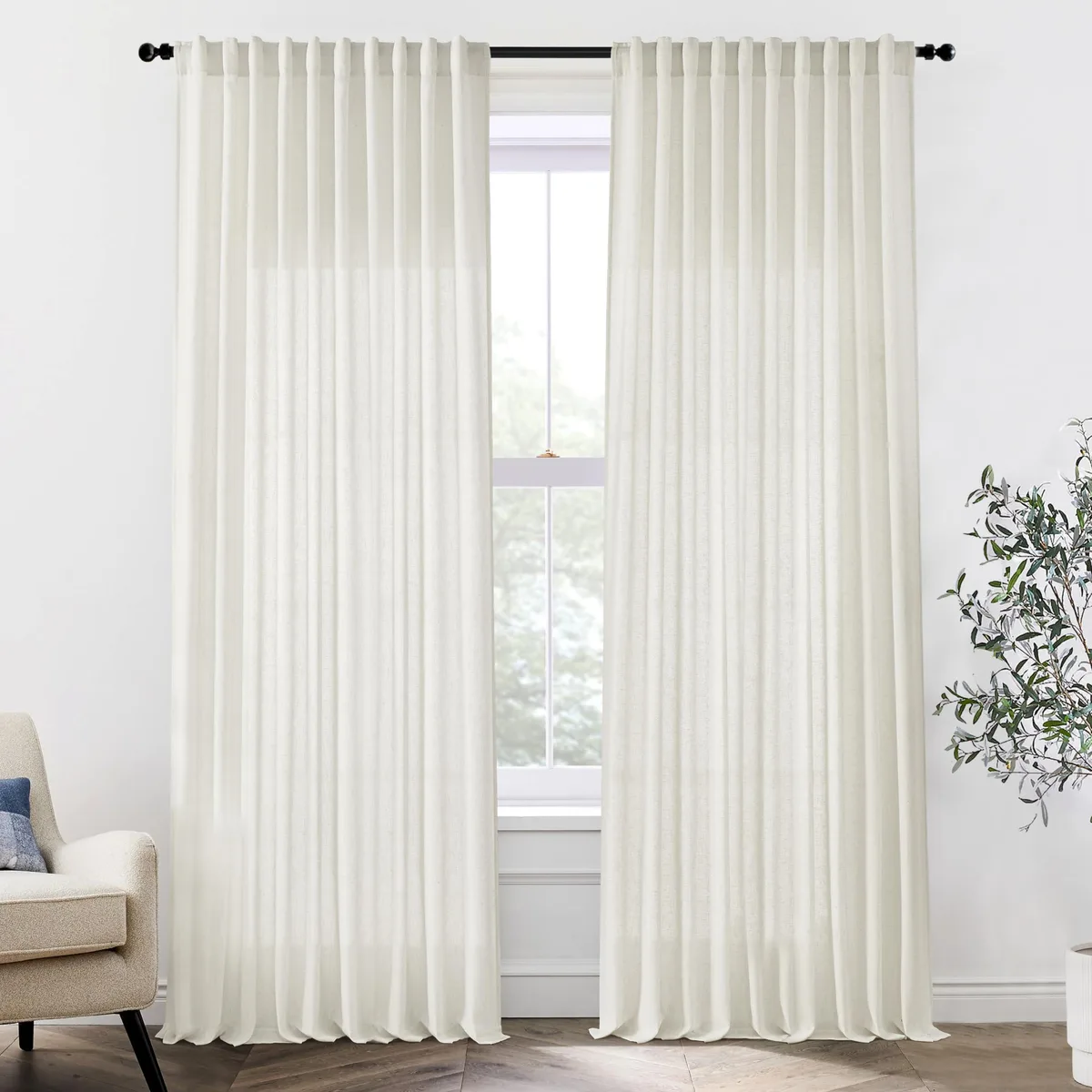 Two birch drapes, stone-washed linen-look blend, 70 by 102 inches, pleated back tab top