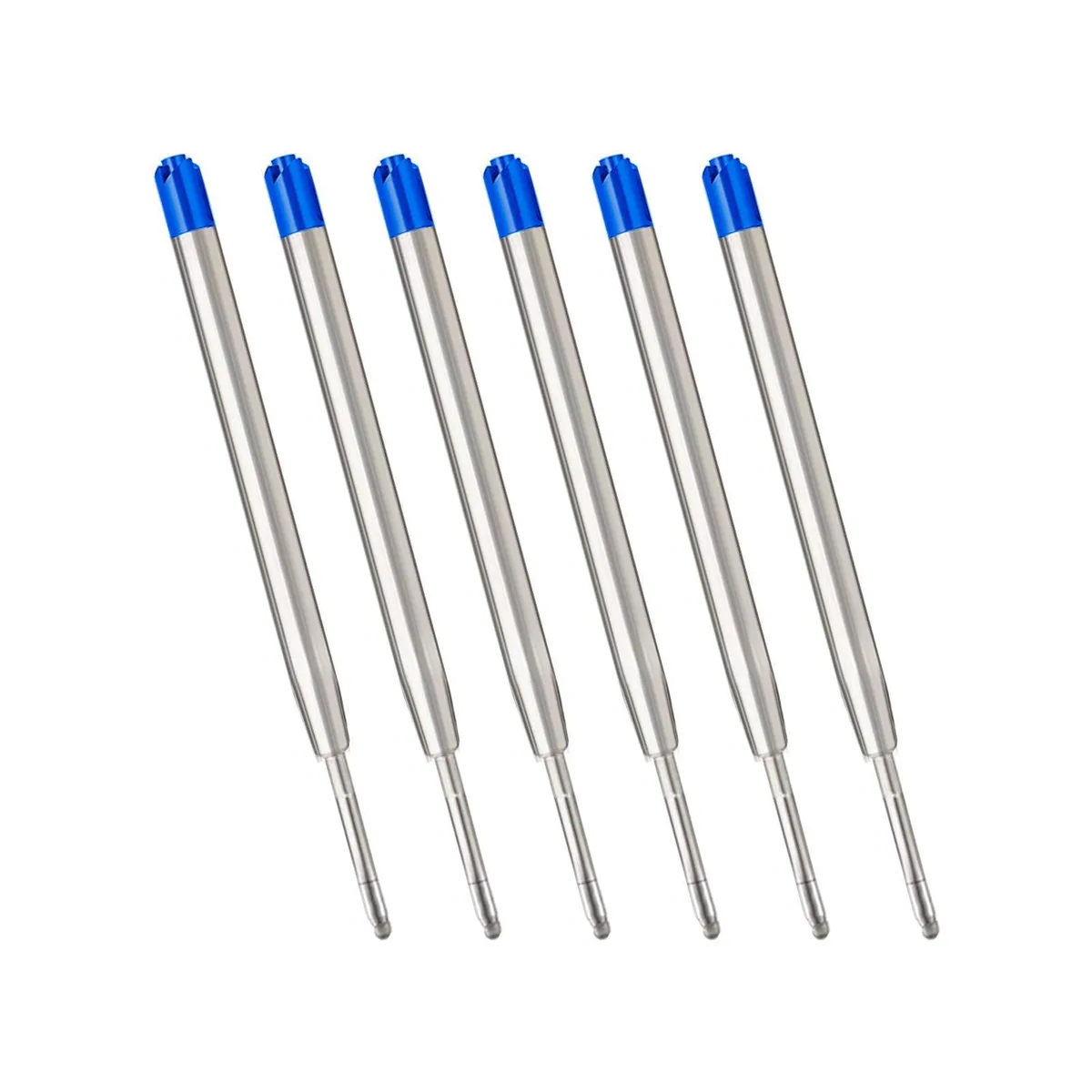 Six blue ballpoint refills with stainless steel barrels and medium tips