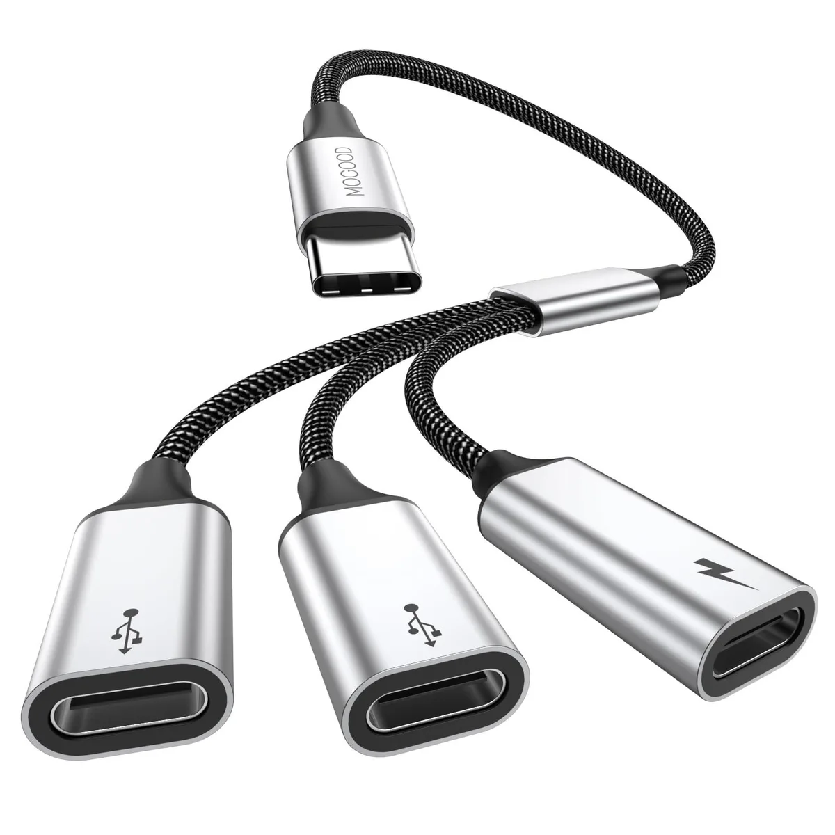Silver USB-C male to three female splitter with braided cable and aluminium housing