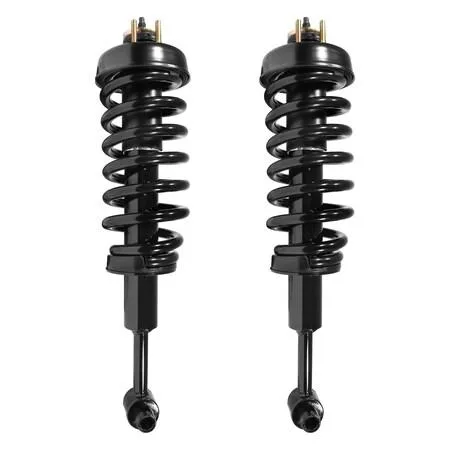 Pair of silver front strut assemblies with coil springs and top mounts