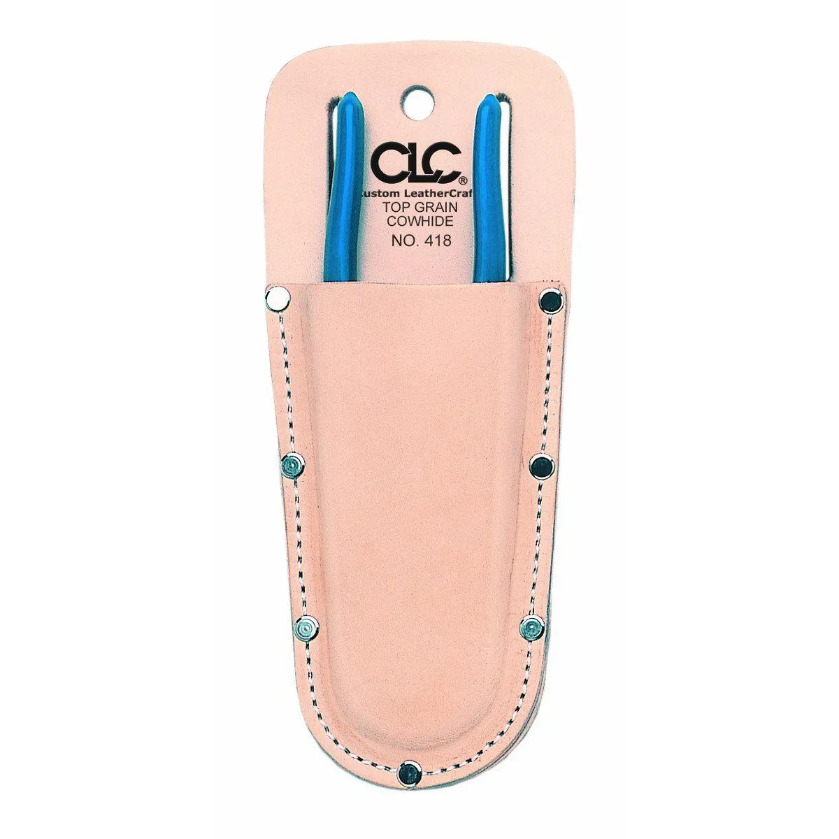 Tan leather moulded plier holder with closed bottom, open top, one pocket, side slots, fits belts up to 2 3/4 in
