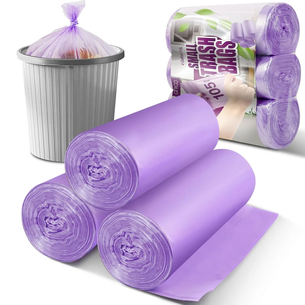 Pack of 105 purple 4-gallon high-density polyethylene trash bags