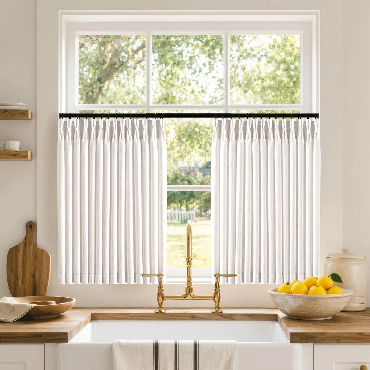 Two natural linen pinch-pleat panels, 36 inches long, thick textured fabric