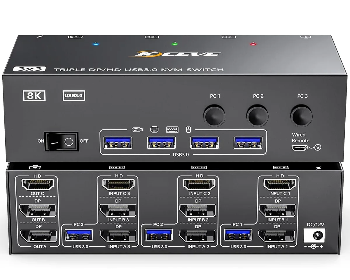 Explus-C Explus-C 3 Monitor 3 Computer KVM Switch 8K@60Hz HDMI 2 DisplayPort 4 USB 3.0 — product photo
