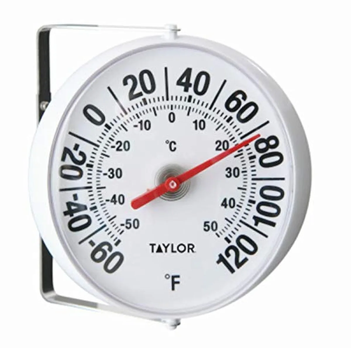 Clear 5.25 inch outdoor thermometer with bold dial and bracket