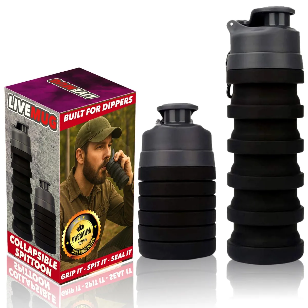 Black collapsible silicone spittoon with lid, 17 oz capacity