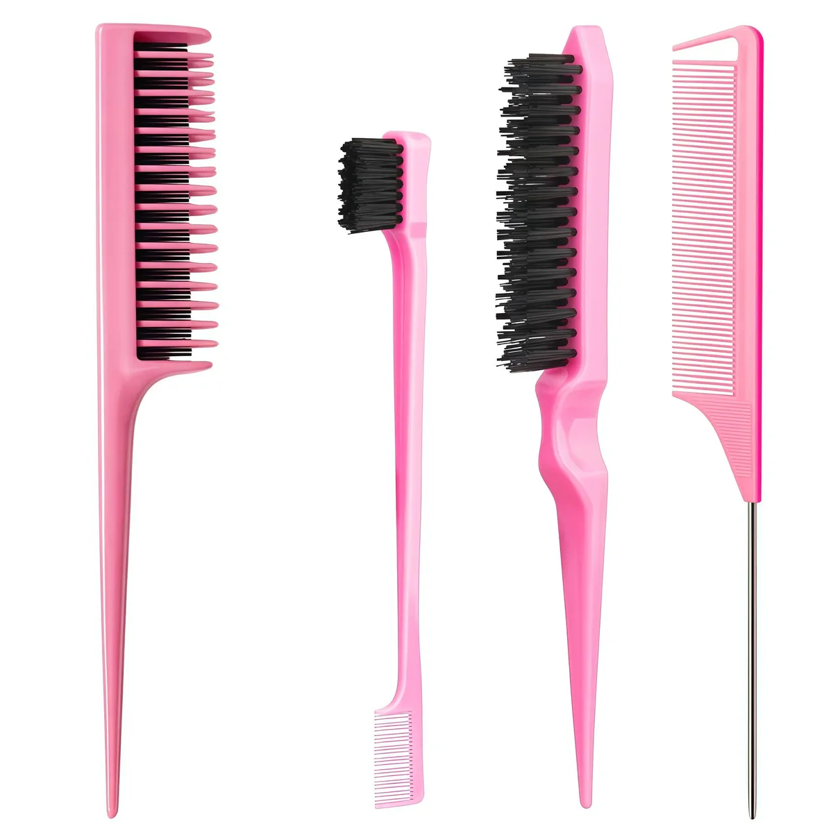 Pink four-piece hair styling set with three-row teasing comb edge brush rat tail comb and fine-tooth comb