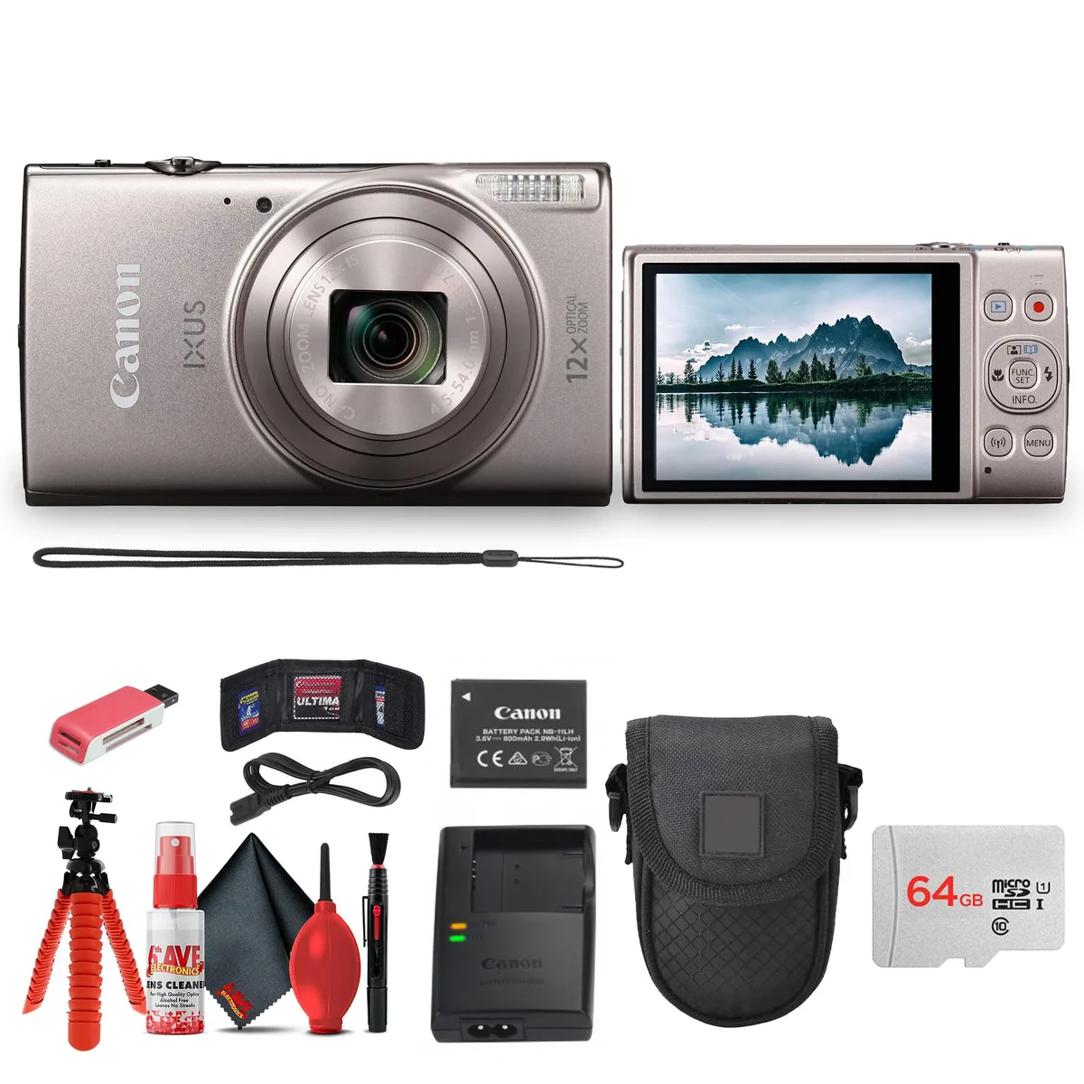 Canon Canon PowerShot IXUS 285 HS A camera kit Silver 12x zoom 20.2MP 64GB card case tripod — product photo
