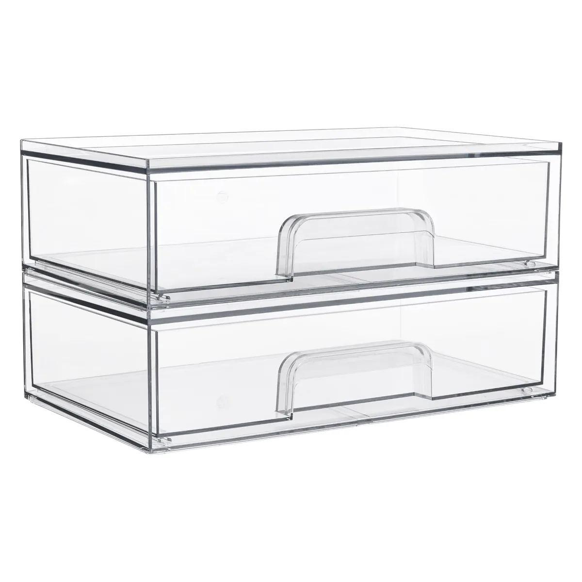 Two clear acrylic stackable drawers with built-in handles