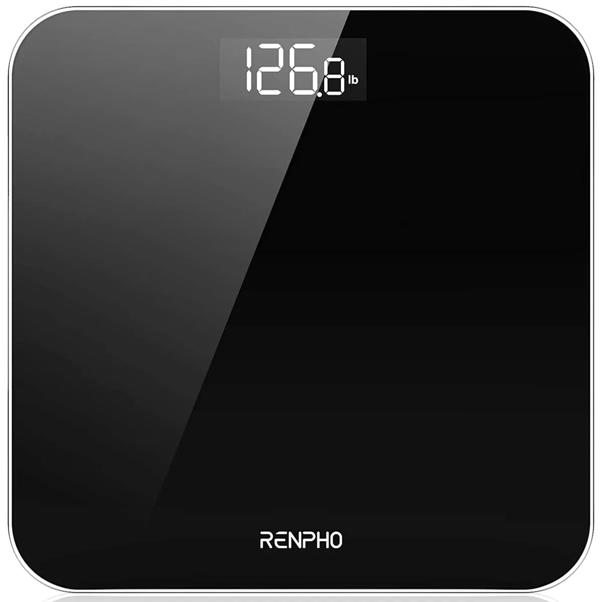 Black rectangular bath scale with tempered glass platform and large digital display
