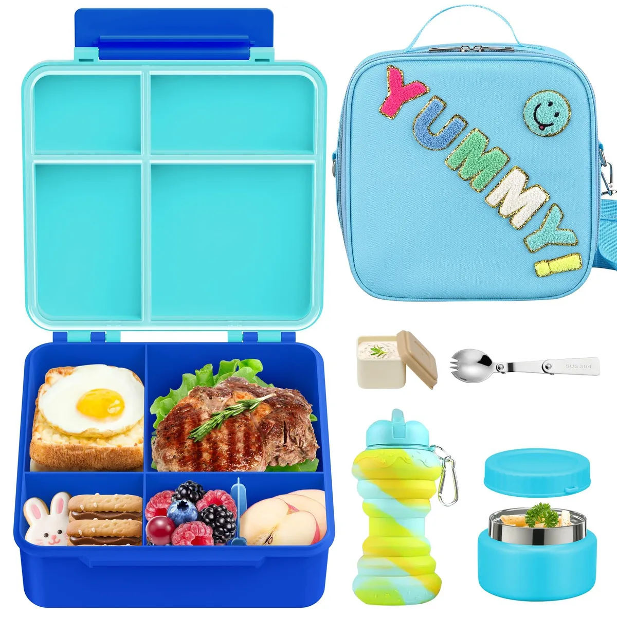 Beige insulated lunch bag with bento box, soup thermo, silicone cup and spoon