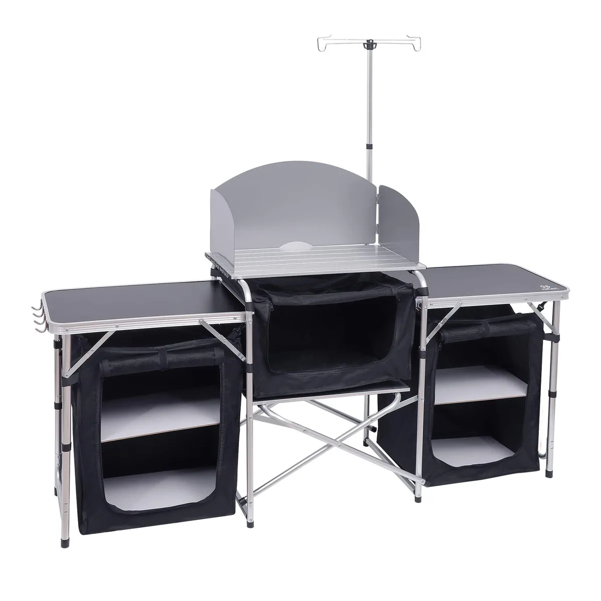Silver folding camp kitchen table with windscreen and light stand, three storage bags, carry handle