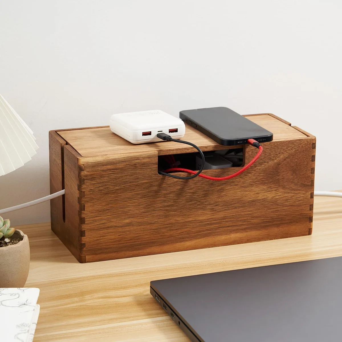 Black acacia wood cable cover, 12 inch rectangular box with magnetic lid and side slots