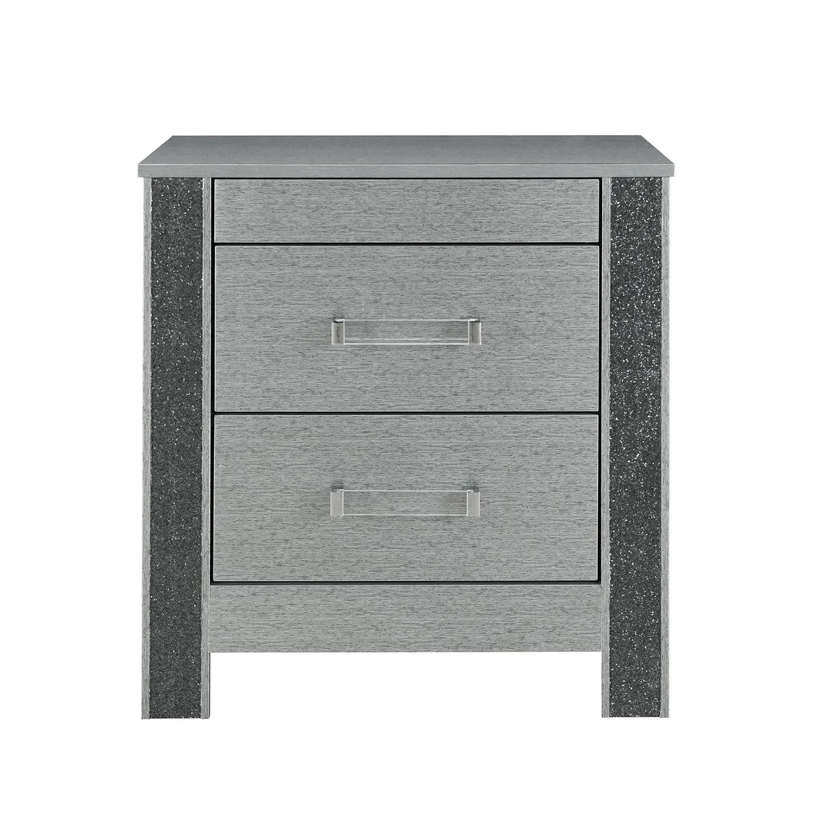 Silver-finished nightstand with acrylic bar handles and glittered detailing