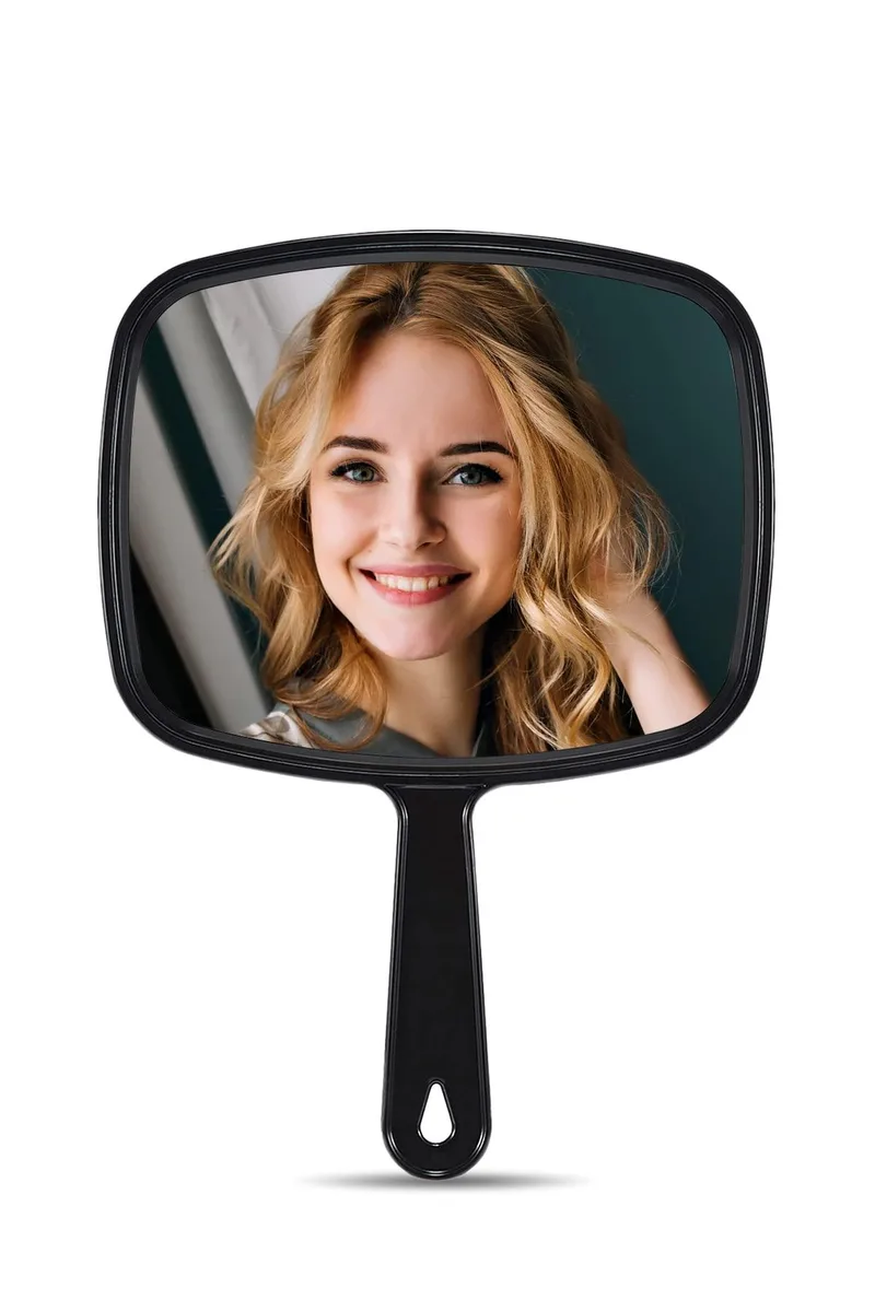 Rectangular black ABS handheld mirror with handle, 9.3 by 6.7 inches