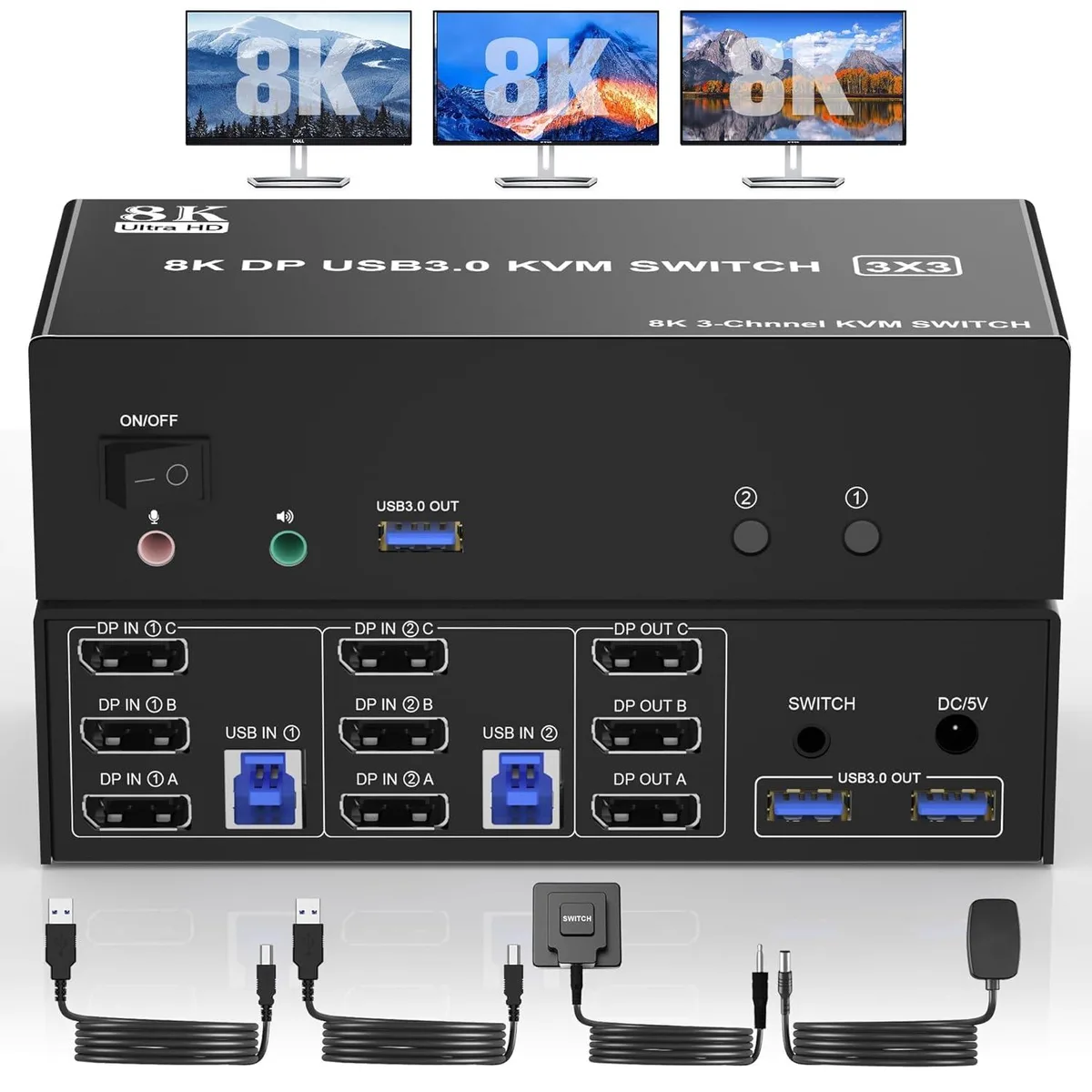 Hitoor Hitoor 8K@60Hz DisplayPort Triple Monitor KVM Switch 2 Computer 3 USB 3.0 Ports — product photo