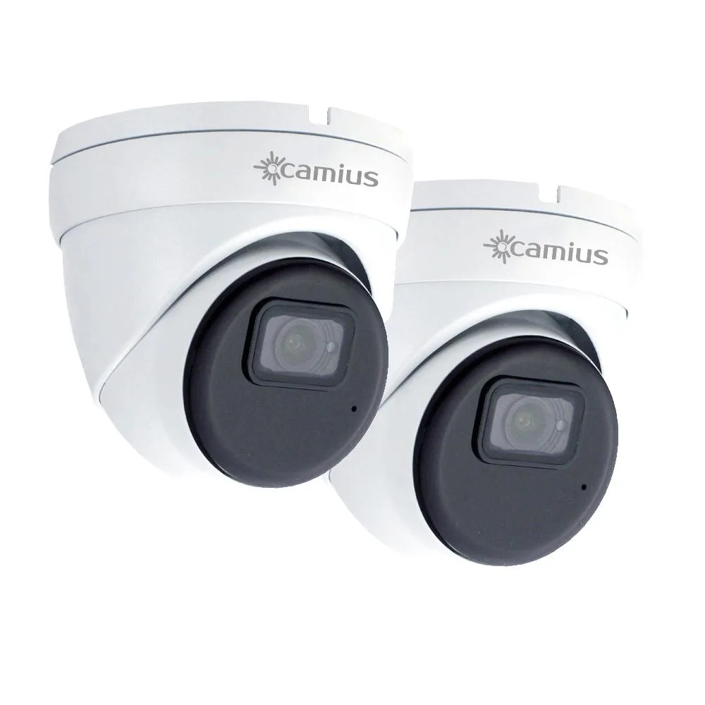 Two white dome cameras with fixed 2.8mm lenses and RJ45 ports